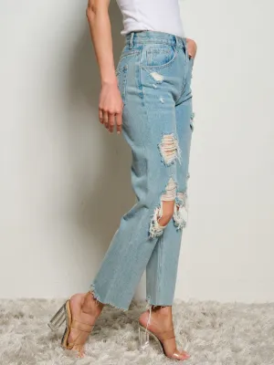 WOMEN'S BUTTON CLOSURE POCKETS WIDE LEG DISTRESS DENIM PANTS