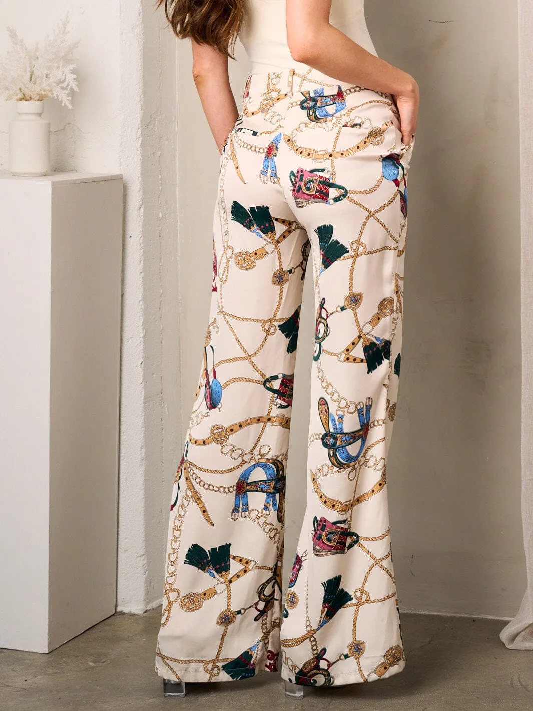 WOMEN'S BUTTON CLOSURE POCKETS WIDE LEG MULTI PRINT PANTS
