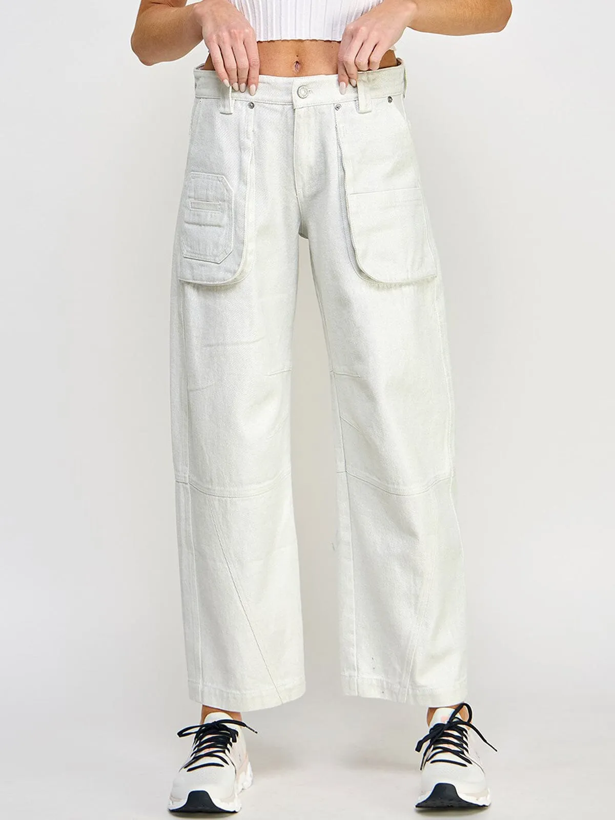 WOMEN'S BUTTON CLOSURE POCKETS WIDE LEG SHIMMER PANTS