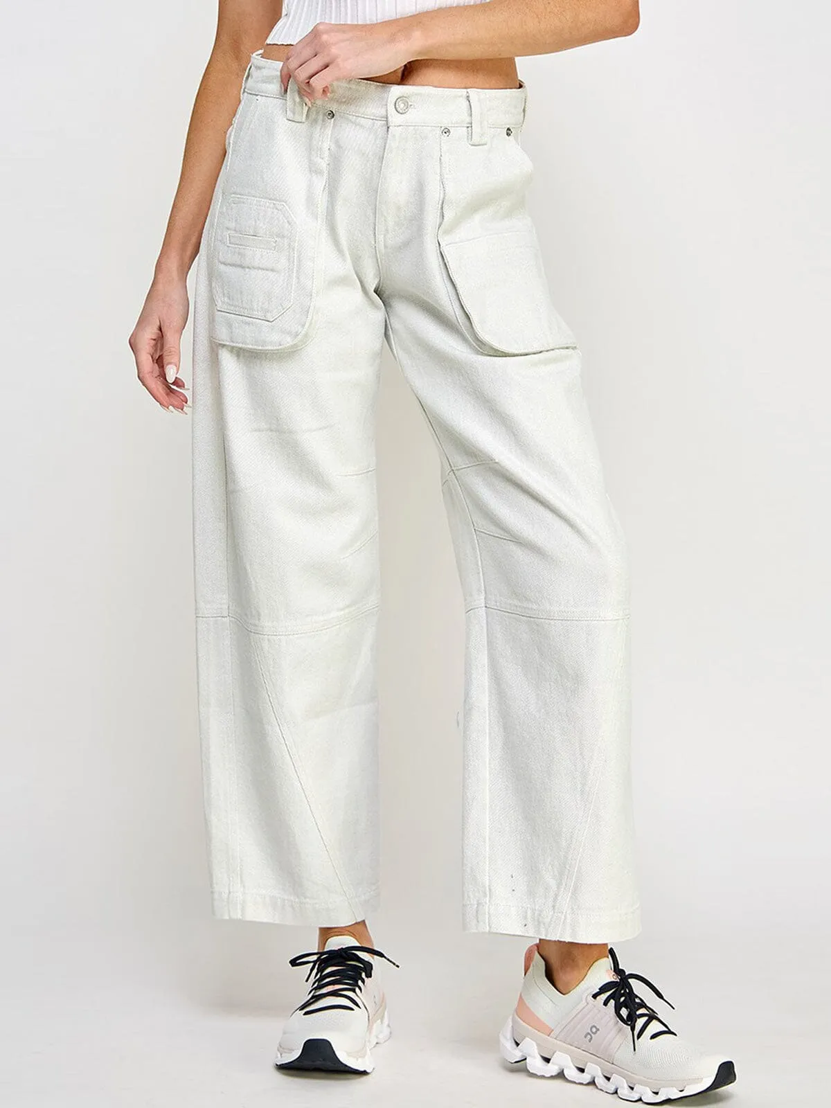 WOMEN'S BUTTON CLOSURE POCKETS WIDE LEG SHIMMER PANTS