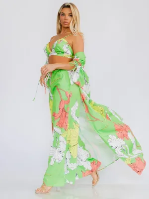WOMEN'S CROP TOP WITH KIMONO & WIDE LEG PANTS FLORAL 3PC. SET