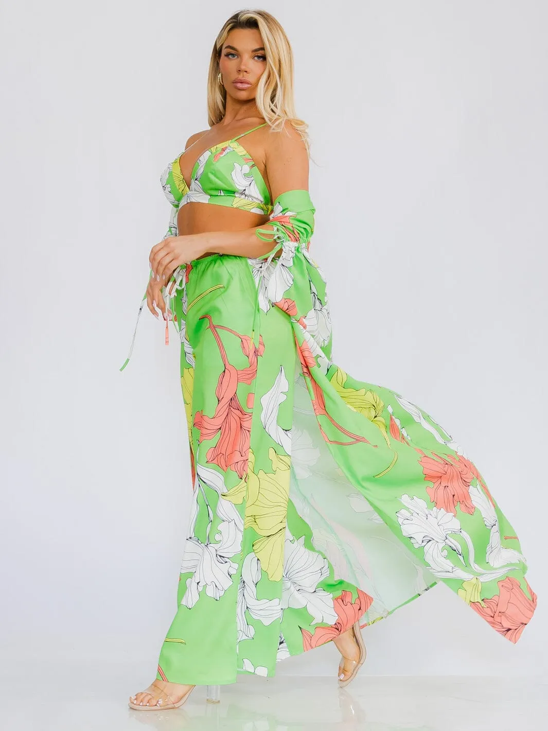 WOMEN'S CROP TOP WITH KIMONO & WIDE LEG PANTS FLORAL 3PC. SET