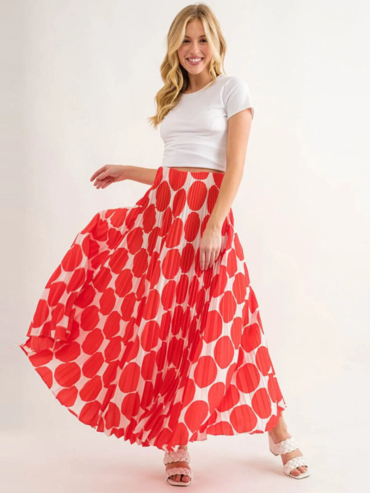 WOMEN'S ELASTIC WAIST PLEATED PRINTED MAXI SKIRT