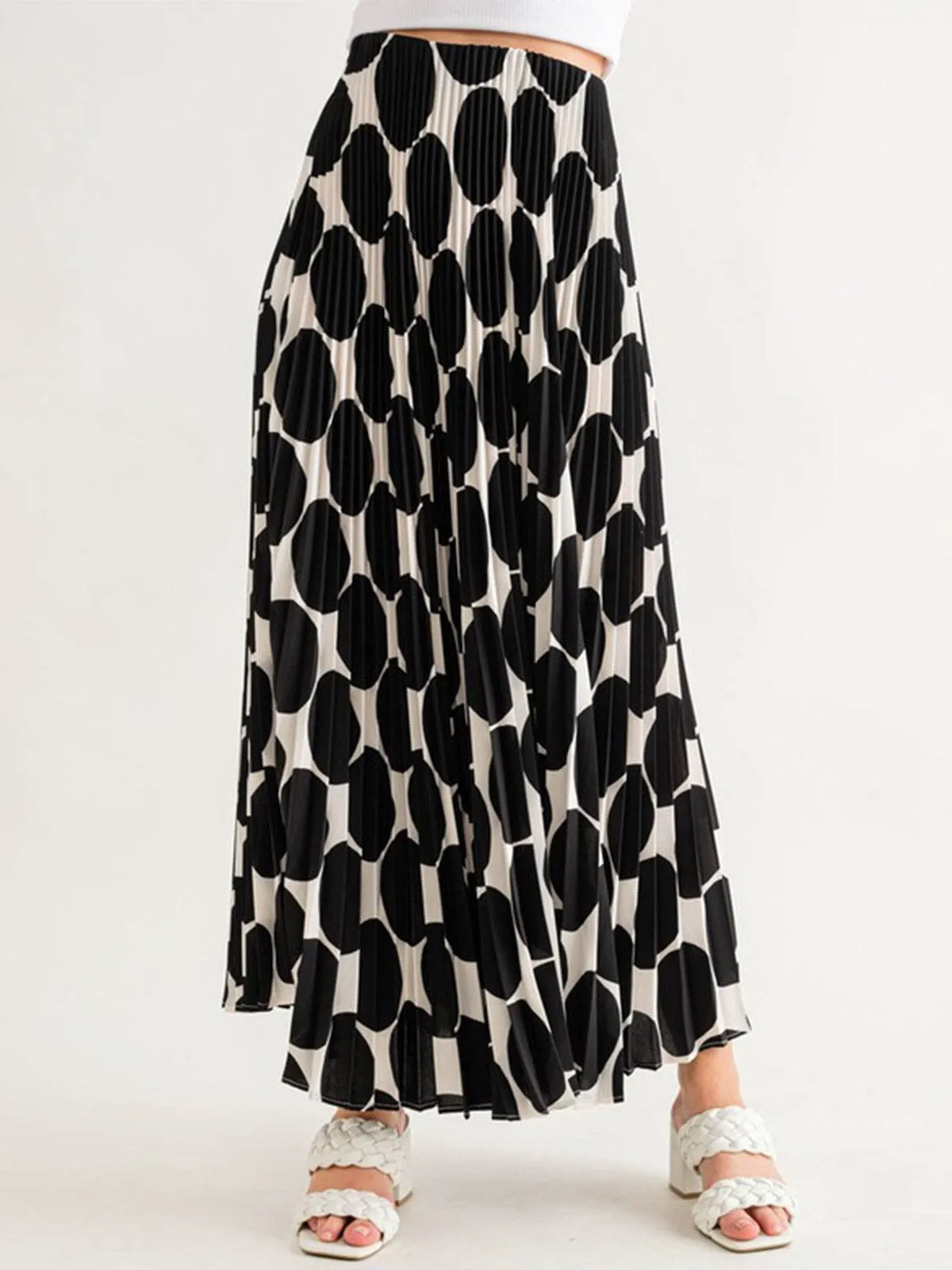 WOMEN'S ELASTIC WAIST PLEATED PRINTED MAXI SKIRT