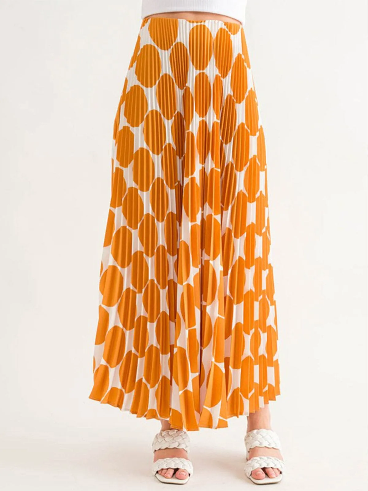 WOMEN'S ELASTIC WAIST PLEATED PRINTED MAXI SKIRT