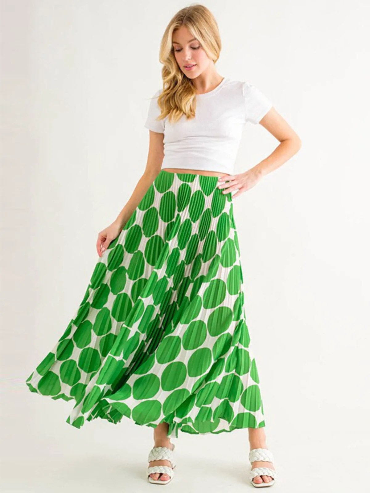 WOMEN'S ELASTIC WAIST PLEATED PRINTED MAXI SKIRT