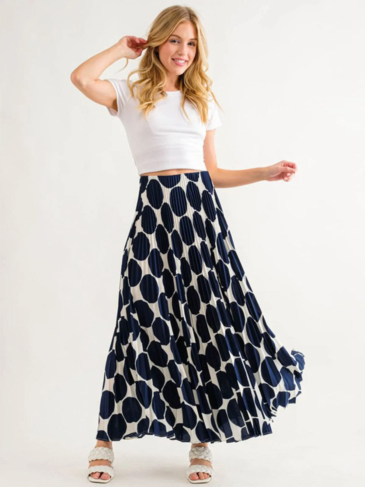 WOMEN'S ELASTIC WAIST PLEATED PRINTED MAXI SKIRT