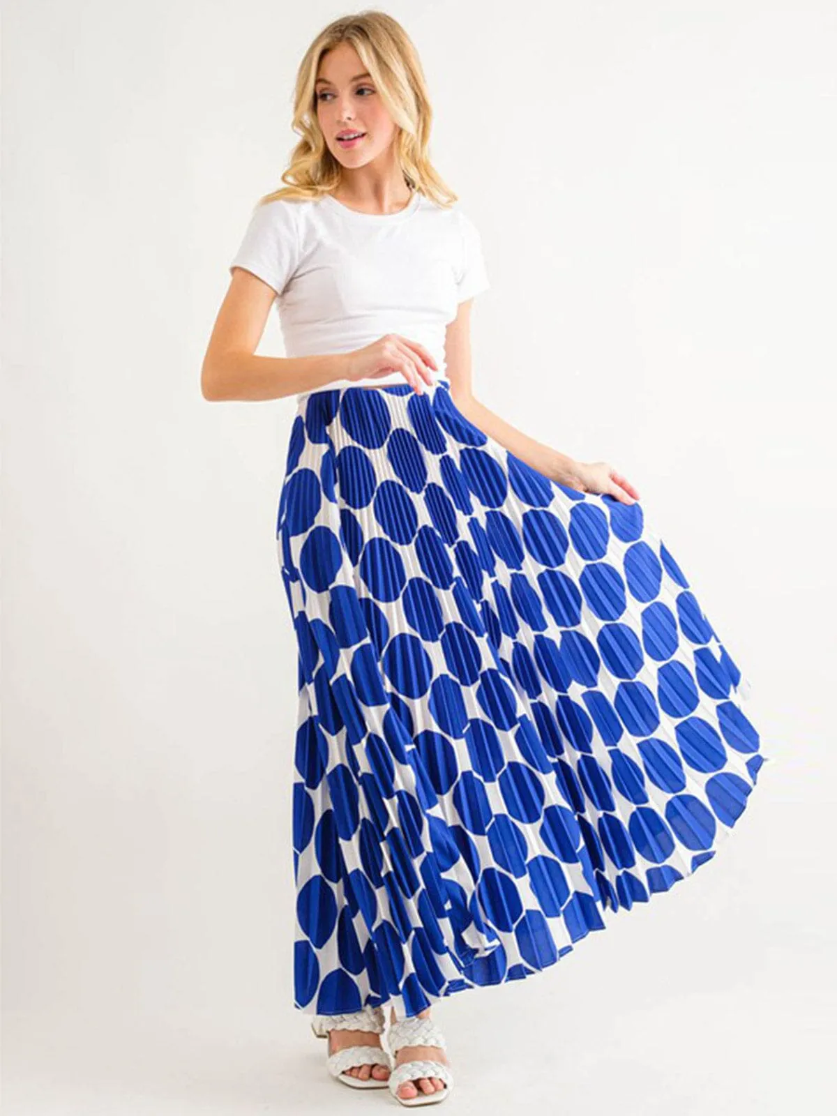 WOMEN'S ELASTIC WAIST PLEATED PRINTED MAXI SKIRT