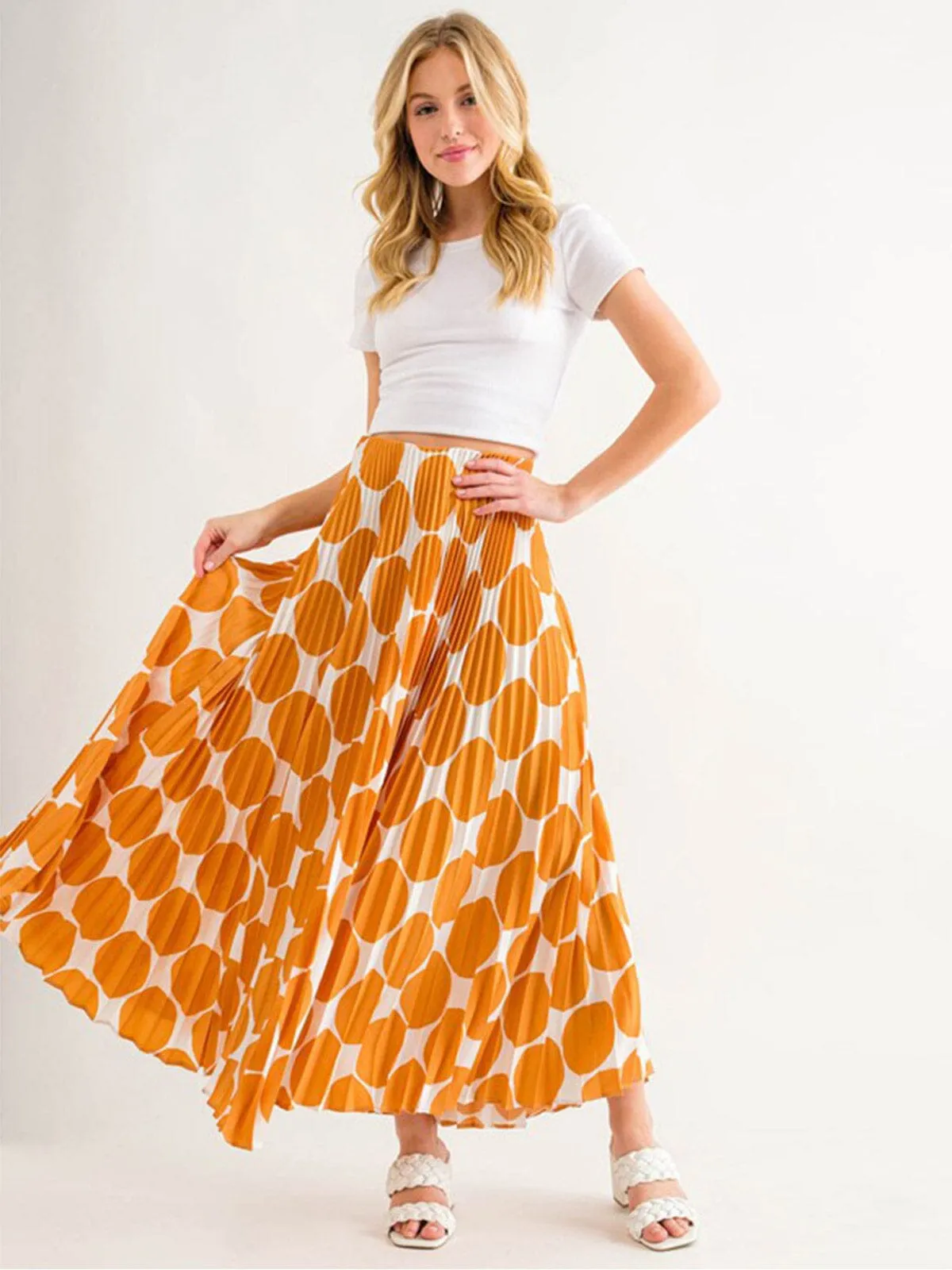WOMEN'S ELASTIC WAIST PLEATED PRINTED MAXI SKIRT