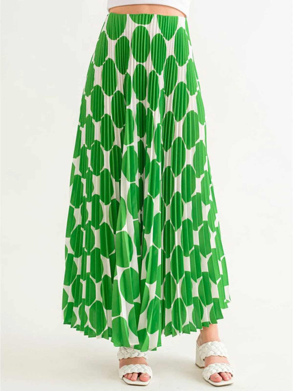 WOMEN'S ELASTIC WAIST PLEATED PRINTED MAXI SKIRT