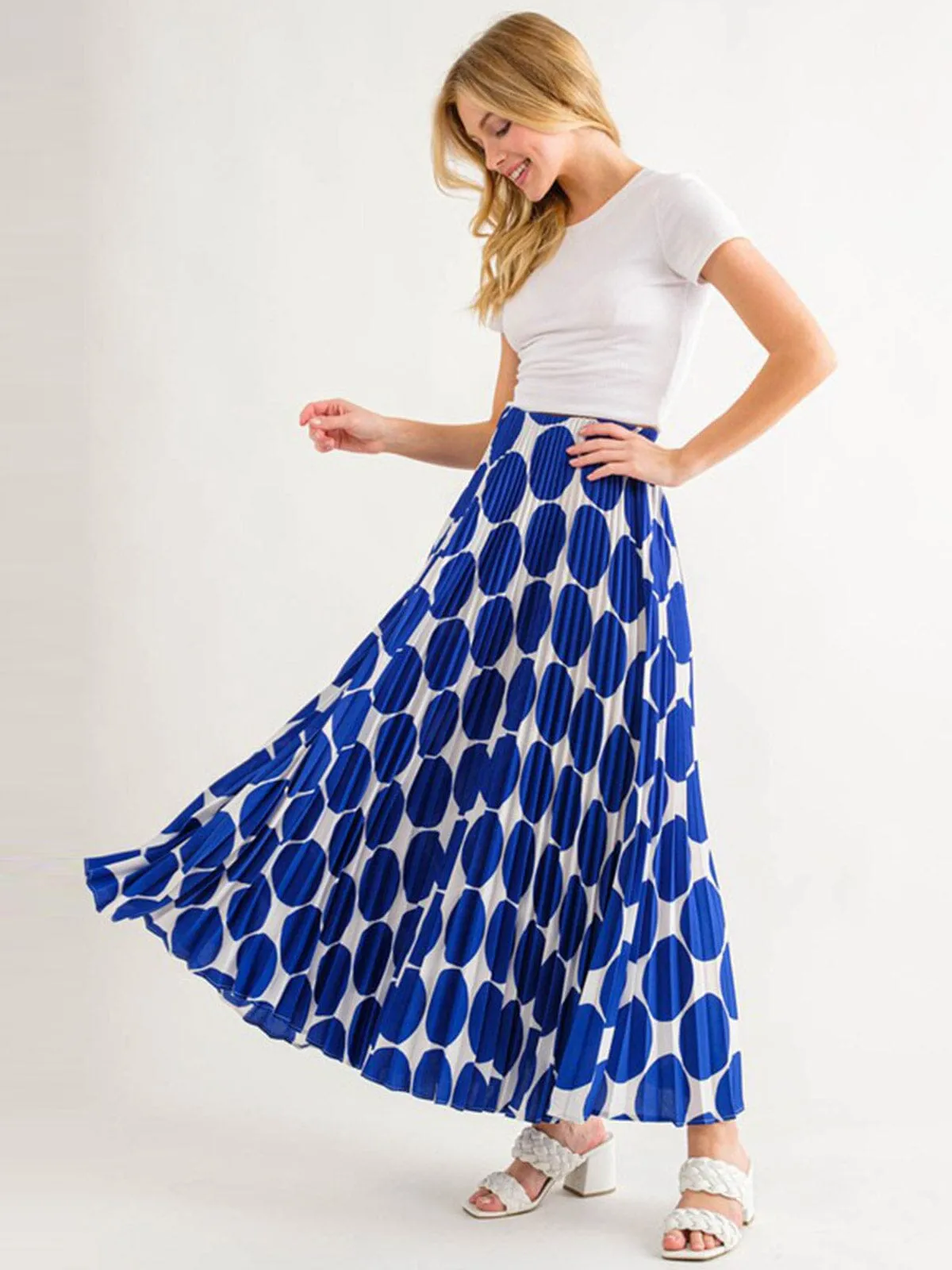 WOMEN'S ELASTIC WAIST PLEATED PRINTED MAXI SKIRT