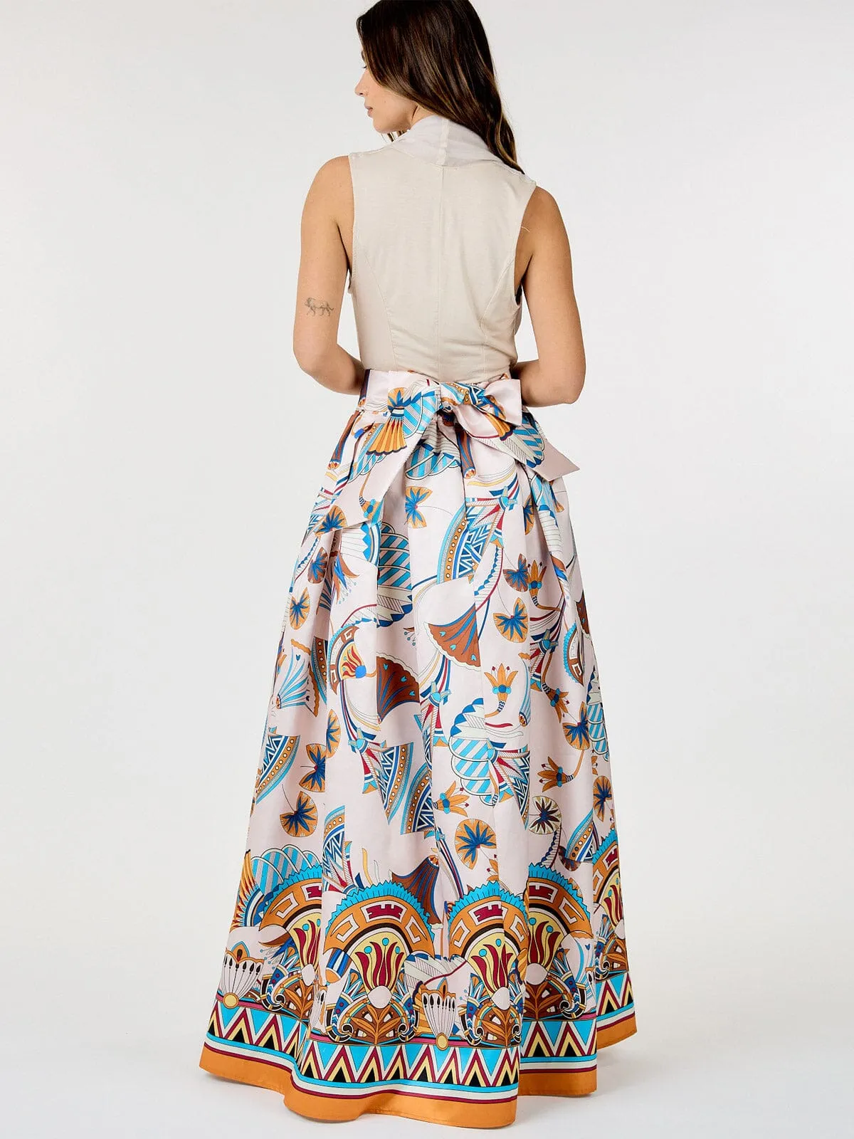 WOMEN'S ELASTIC WAIST SELF TIE MULTI PRINT MAXI SKIRT