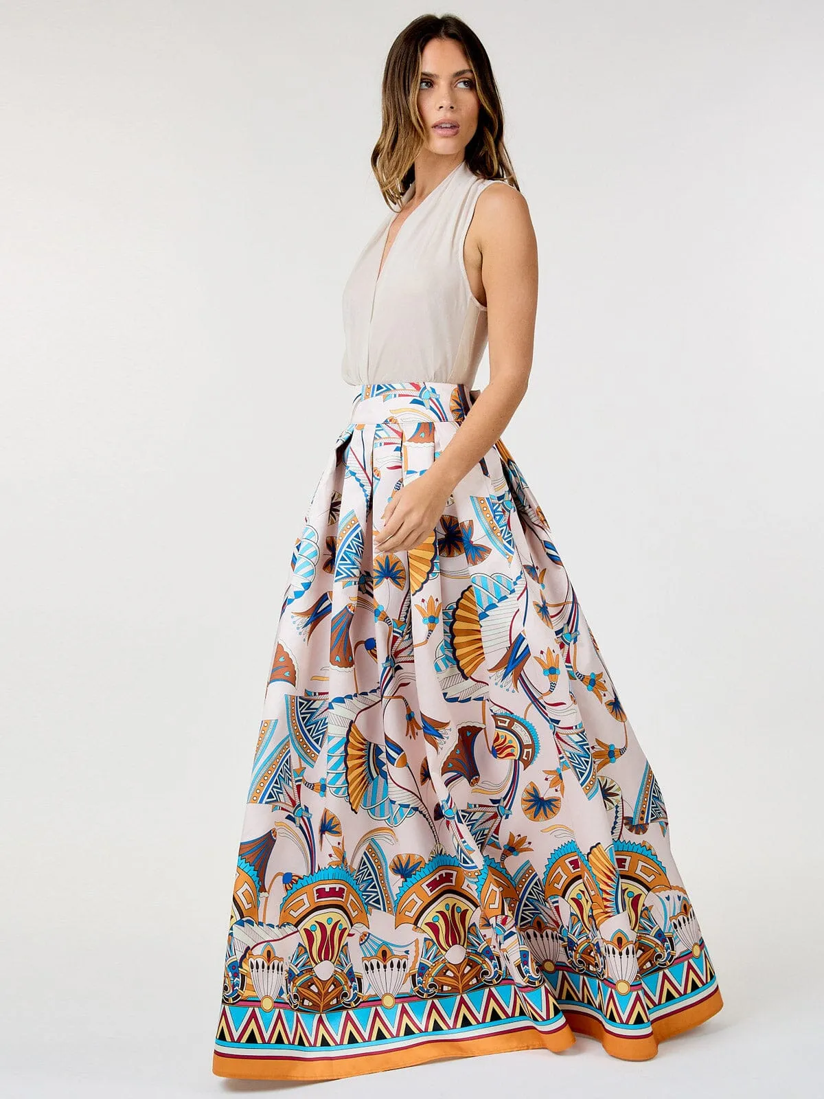 WOMEN'S ELASTIC WAIST SELF TIE MULTI PRINT MAXI SKIRT