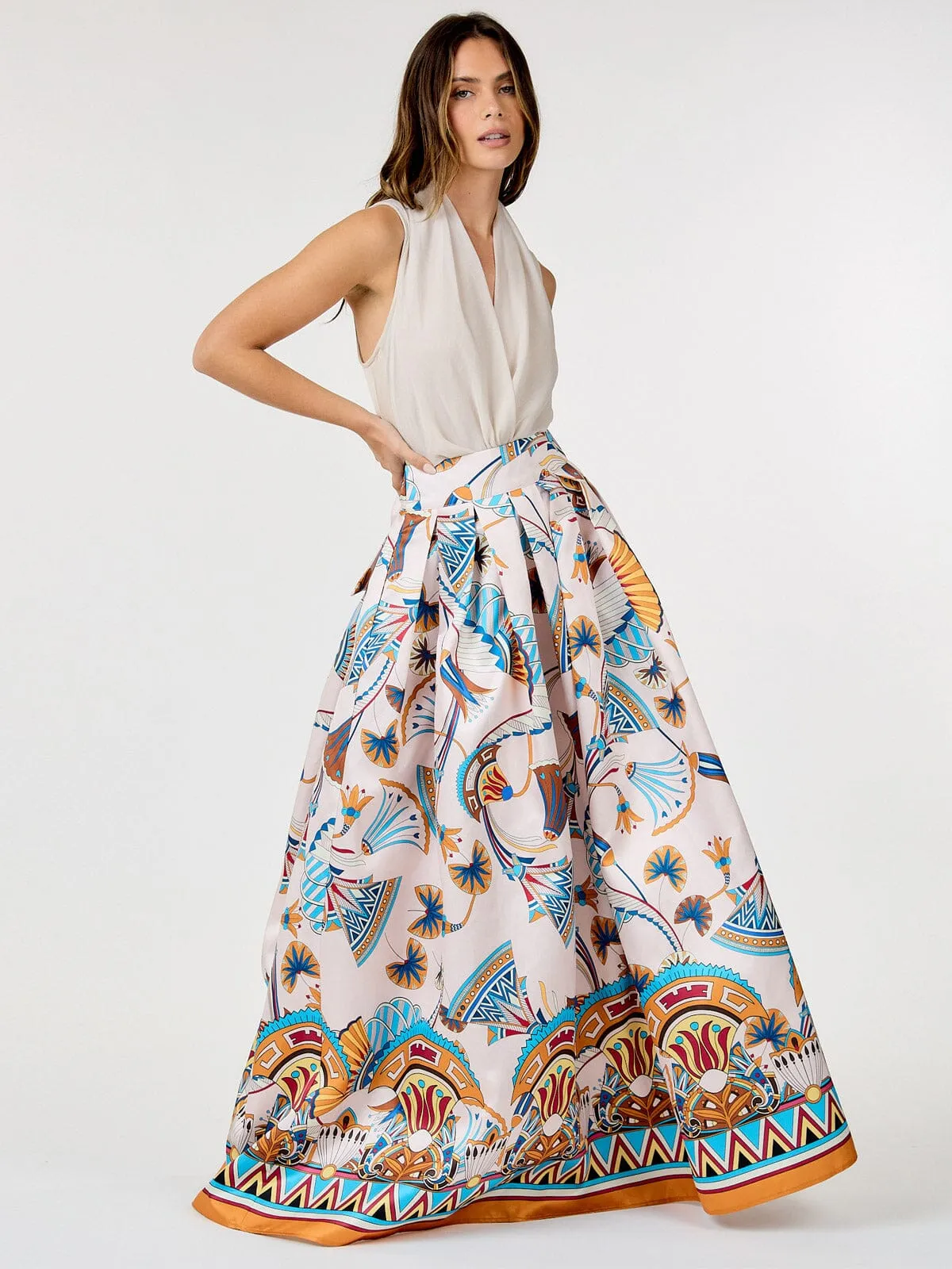 WOMEN'S ELASTIC WAIST SELF TIE MULTI PRINT MAXI SKIRT