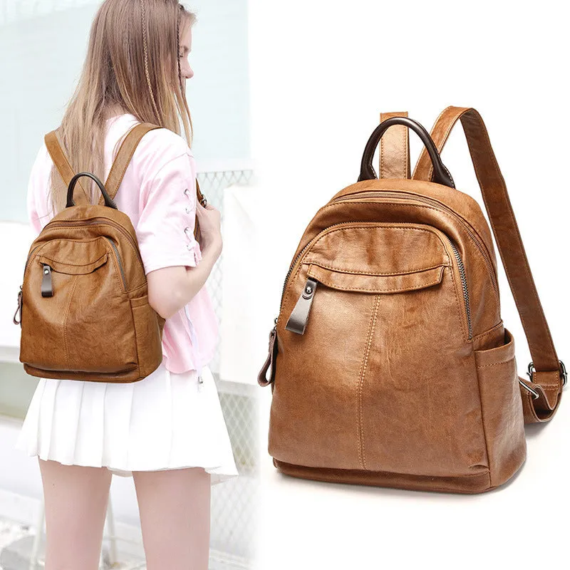 Women's Korean Fashionable Stylish Soft Leather Simple Backpacks