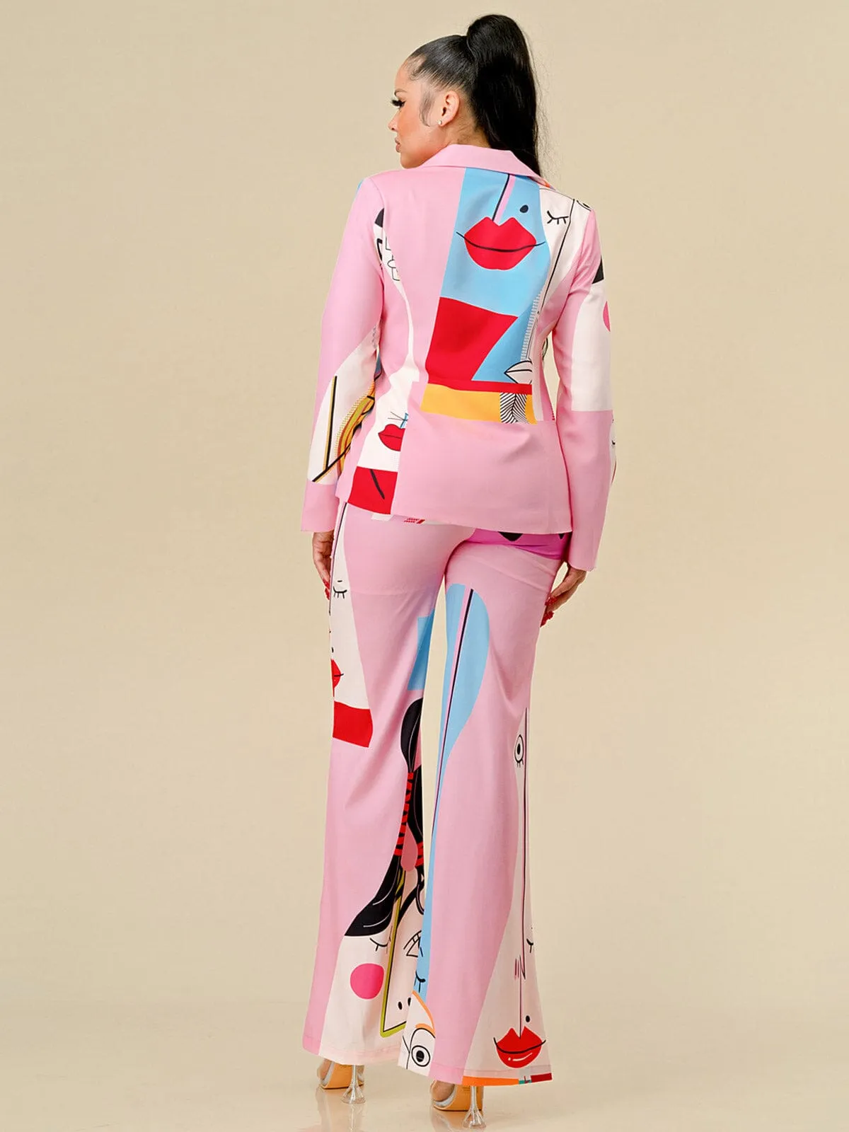 WOMEN'S LONG SLEEVE BLAZER & BELTED PANTS MULTI PRINT 2PC.SET