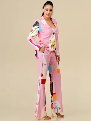 WOMEN'S LONG SLEEVE BLAZER & BELTED PANTS MULTI PRINT 2PC.SET