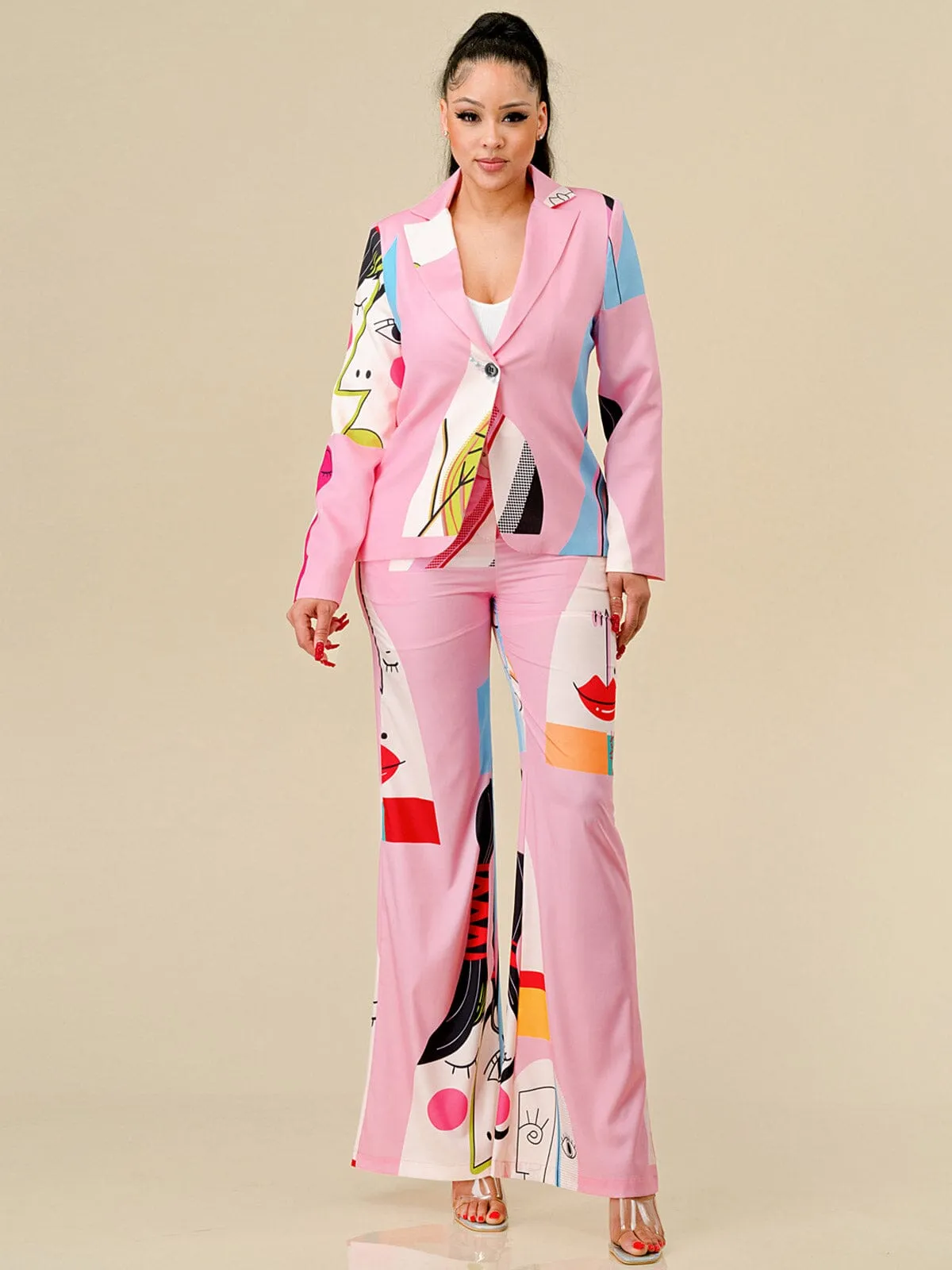 WOMEN'S LONG SLEEVE BLAZER & BELTED PANTS MULTI PRINT 2PC.SET