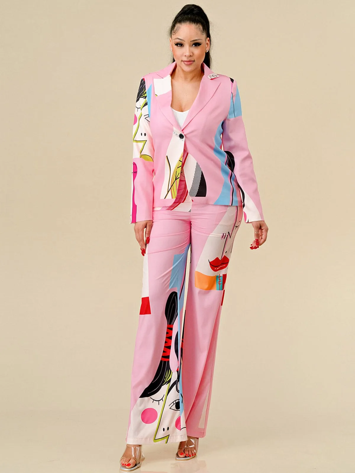 WOMEN'S LONG SLEEVE BLAZER & BELTED PANTS MULTI PRINT 2PC.SET