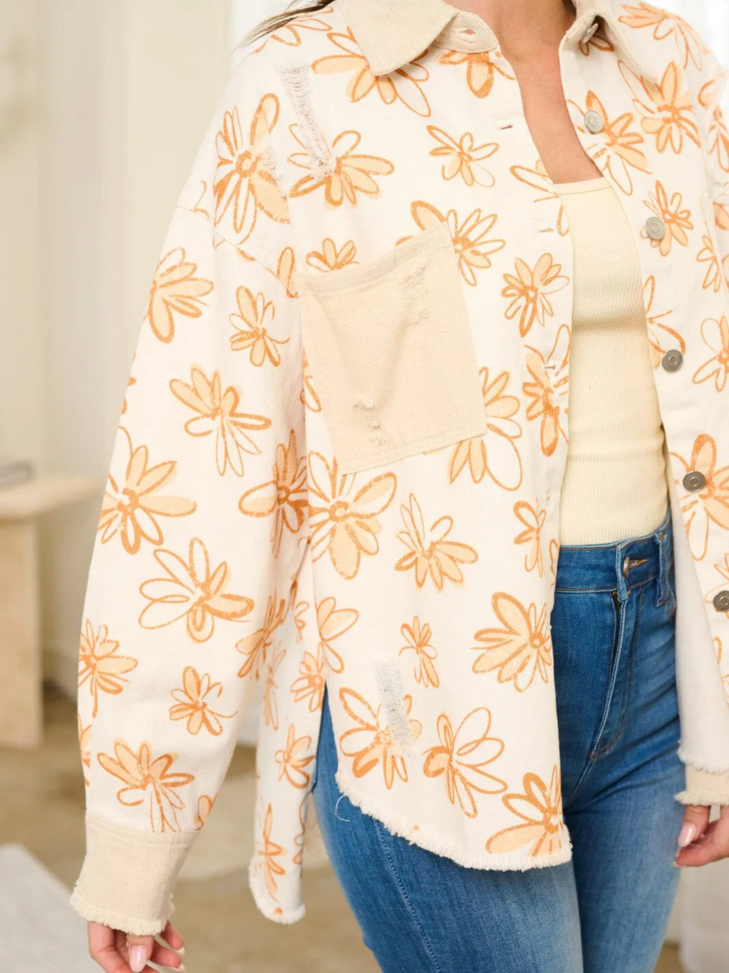 WOMEN'S LONG SLEEVE BUTTON CLOSURE FLOWERS POCKETS DENIM JACKET