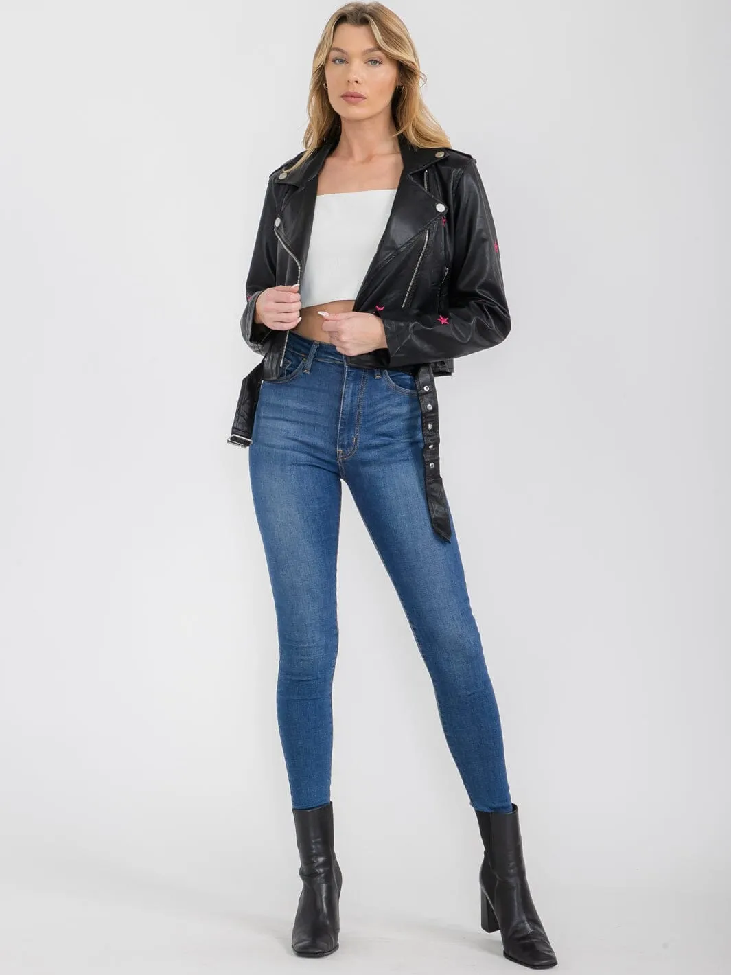 WOMEN'S LONG SLEEVE BUTTON CLOSURE FRONT POCKET PU PLEATHER JACKET