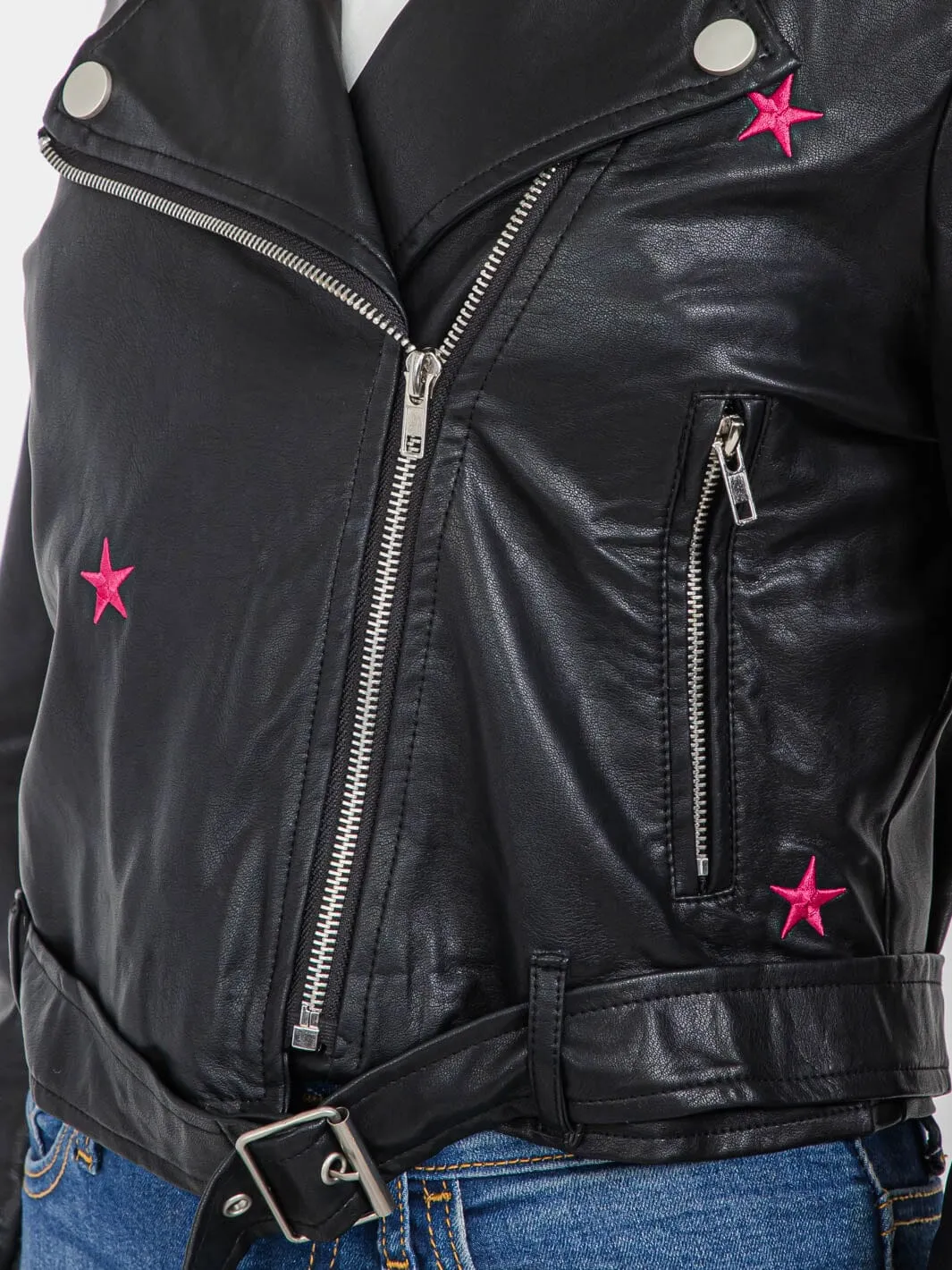 WOMEN'S LONG SLEEVE BUTTON CLOSURE FRONT POCKET PU PLEATHER JACKET