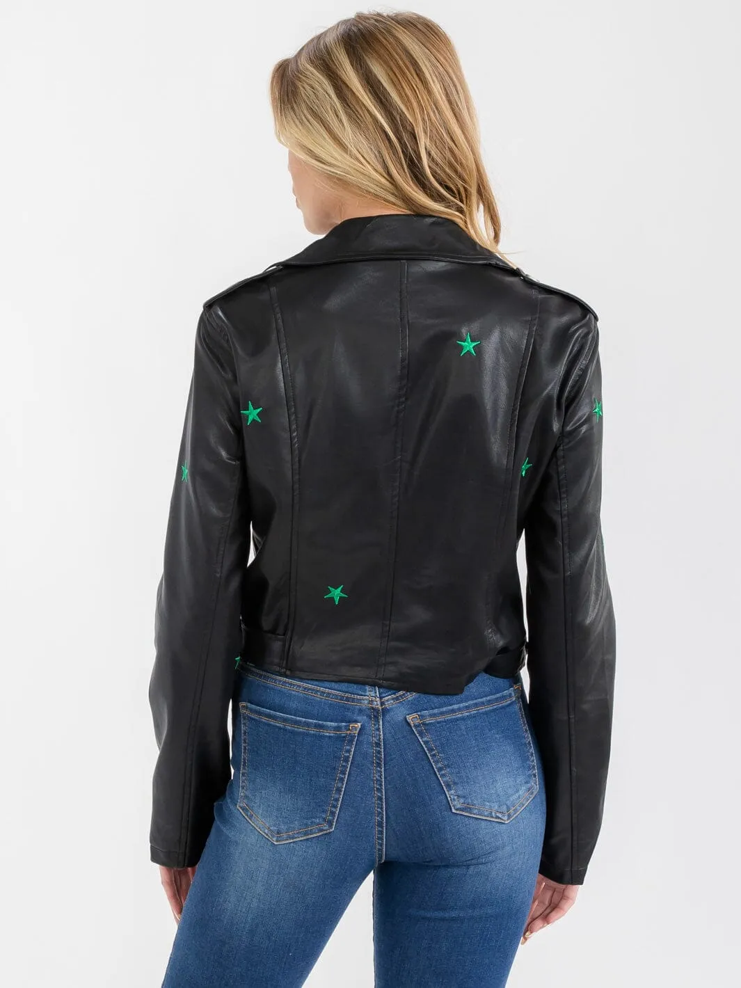 WOMEN'S LONG SLEEVE BUTTON CLOSURE FRONT POCKET PU PLEATHER JACKET
