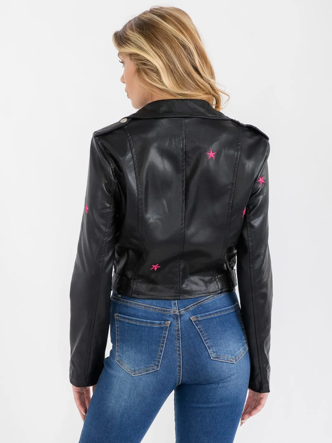 WOMEN'S LONG SLEEVE BUTTON CLOSURE FRONT POCKET PU PLEATHER JACKET