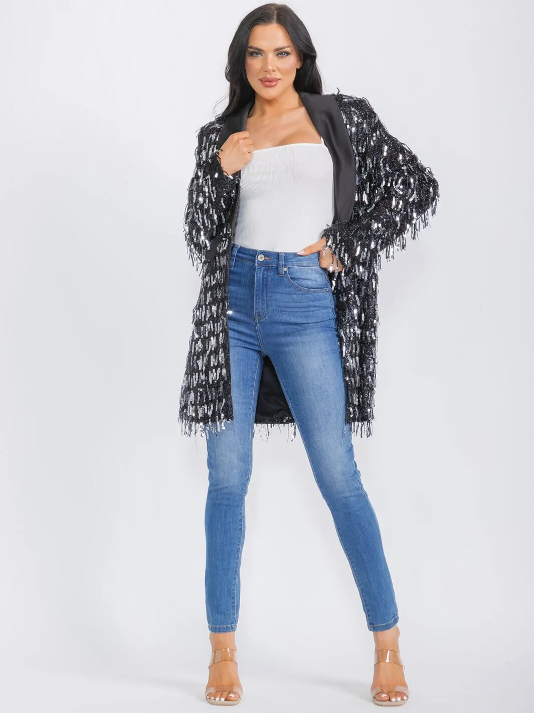 WOMEN'S LONG SLEEVE BUTTON CLOSURE FRONT POCKETS FRINGE SEQUINS BLAZER