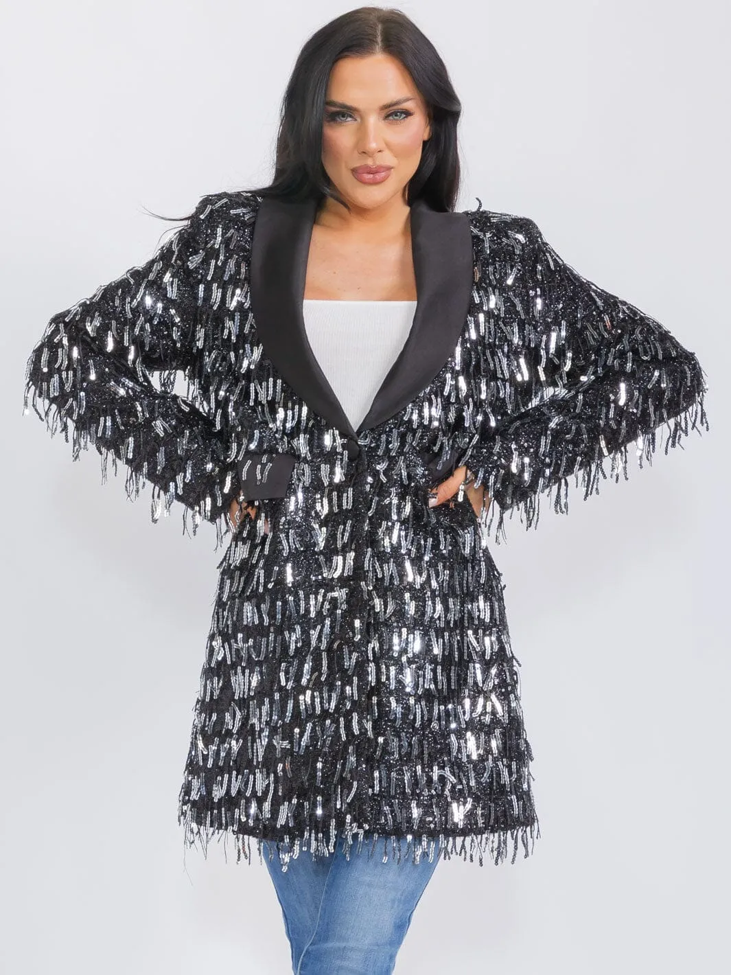 WOMEN'S LONG SLEEVE BUTTON CLOSURE FRONT POCKETS FRINGE SEQUINS BLAZER