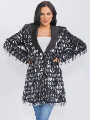 WOMEN'S LONG SLEEVE BUTTON CLOSURE FRONT POCKETS FRINGE SEQUINS BLAZER