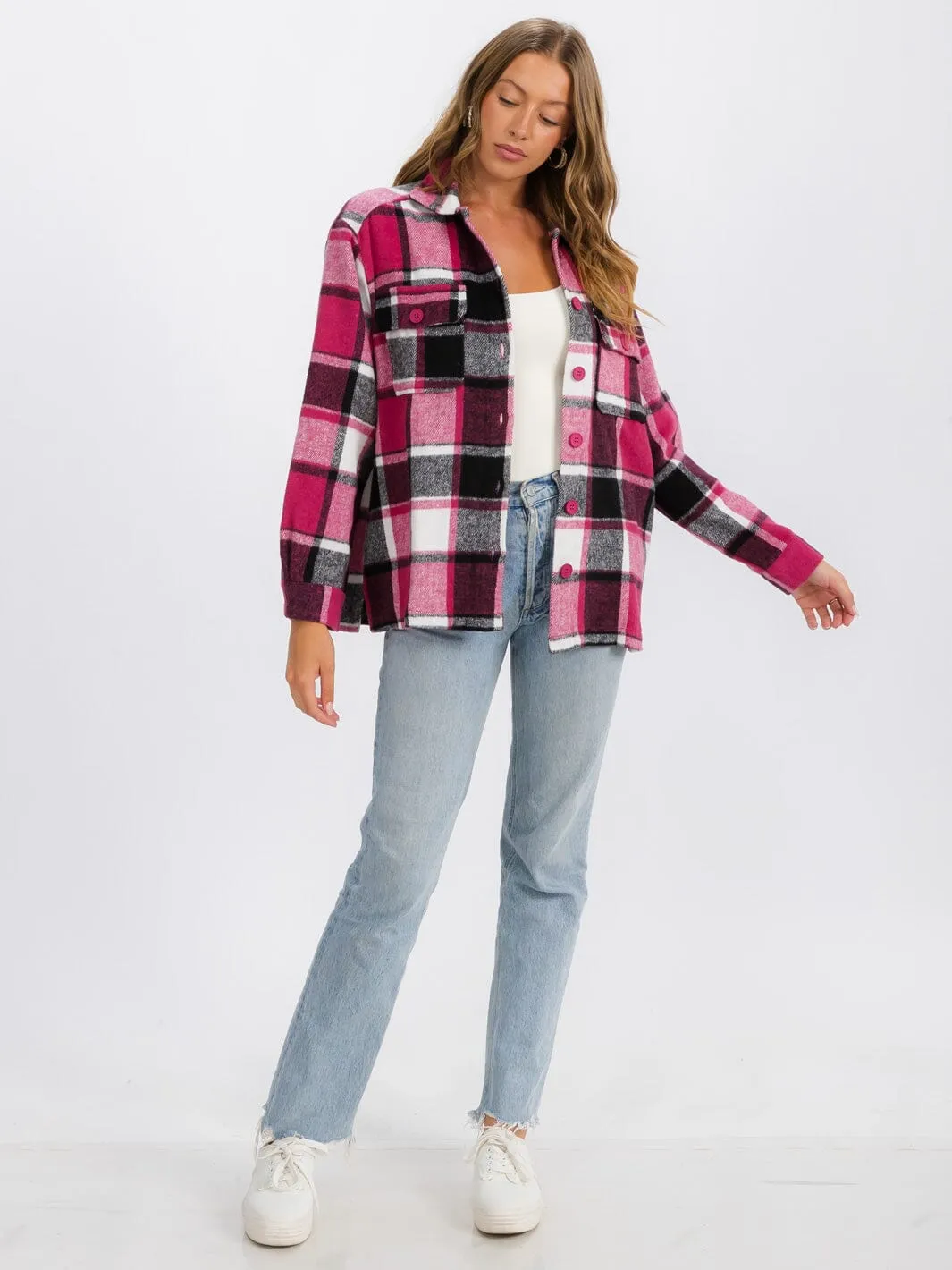 WOMEN'S LONG SLEEVE BUTTON CLOSURE FRONT POCKETS PLAID JACKET