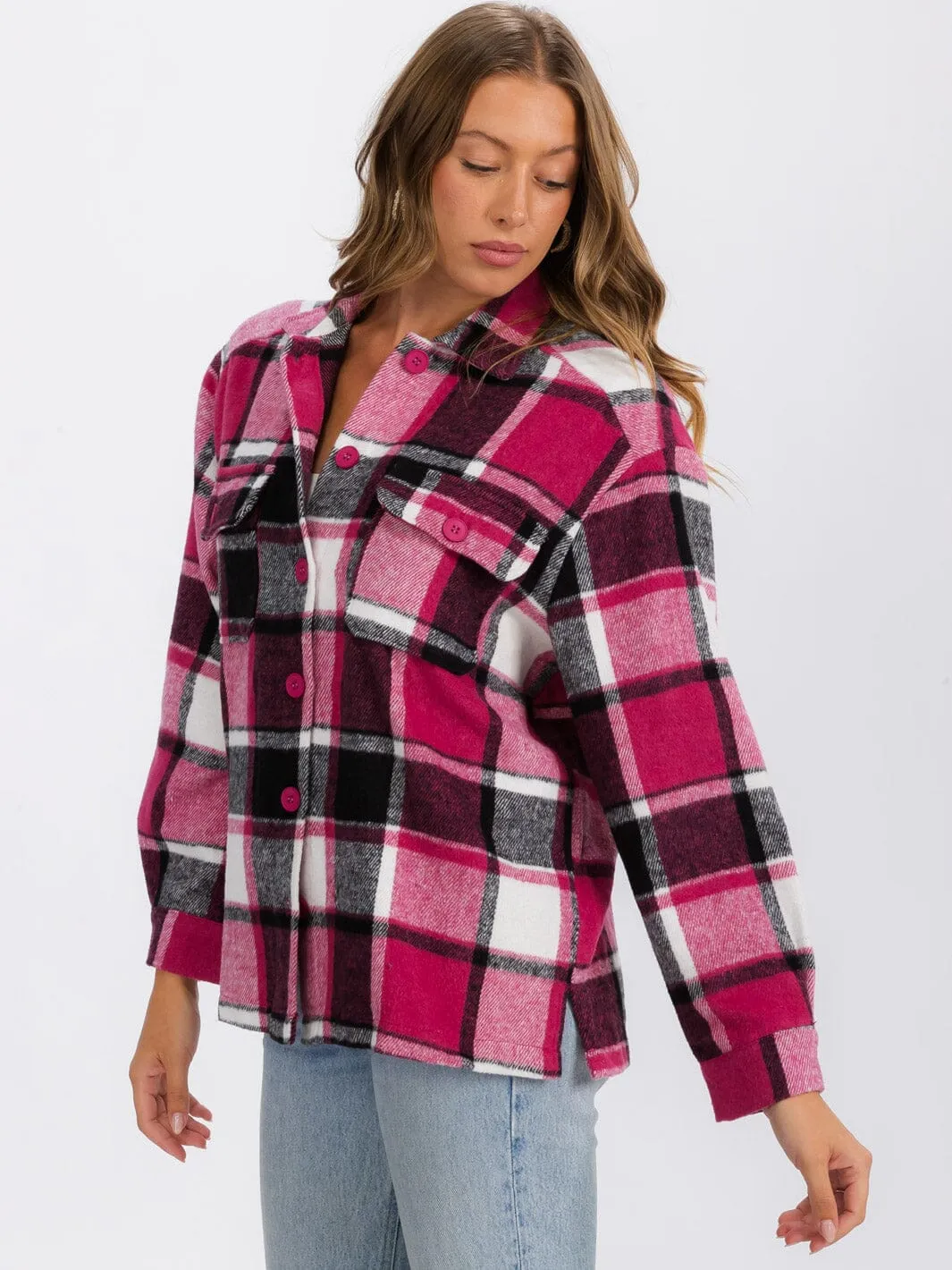 WOMEN'S LONG SLEEVE BUTTON CLOSURE FRONT POCKETS PLAID JACKET