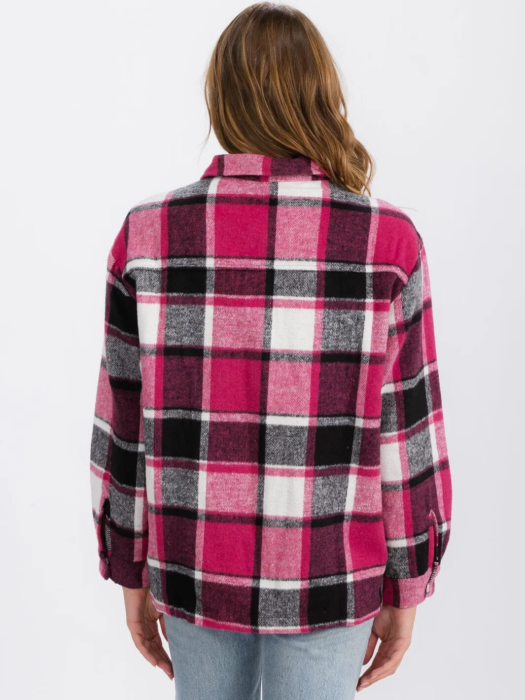 WOMEN'S LONG SLEEVE BUTTON CLOSURE FRONT POCKETS PLAID JACKET