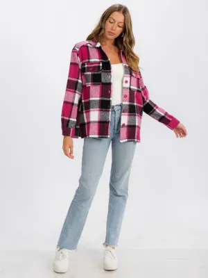 WOMEN'S LONG SLEEVE BUTTON CLOSURE FRONT POCKETS PLAID JACKET