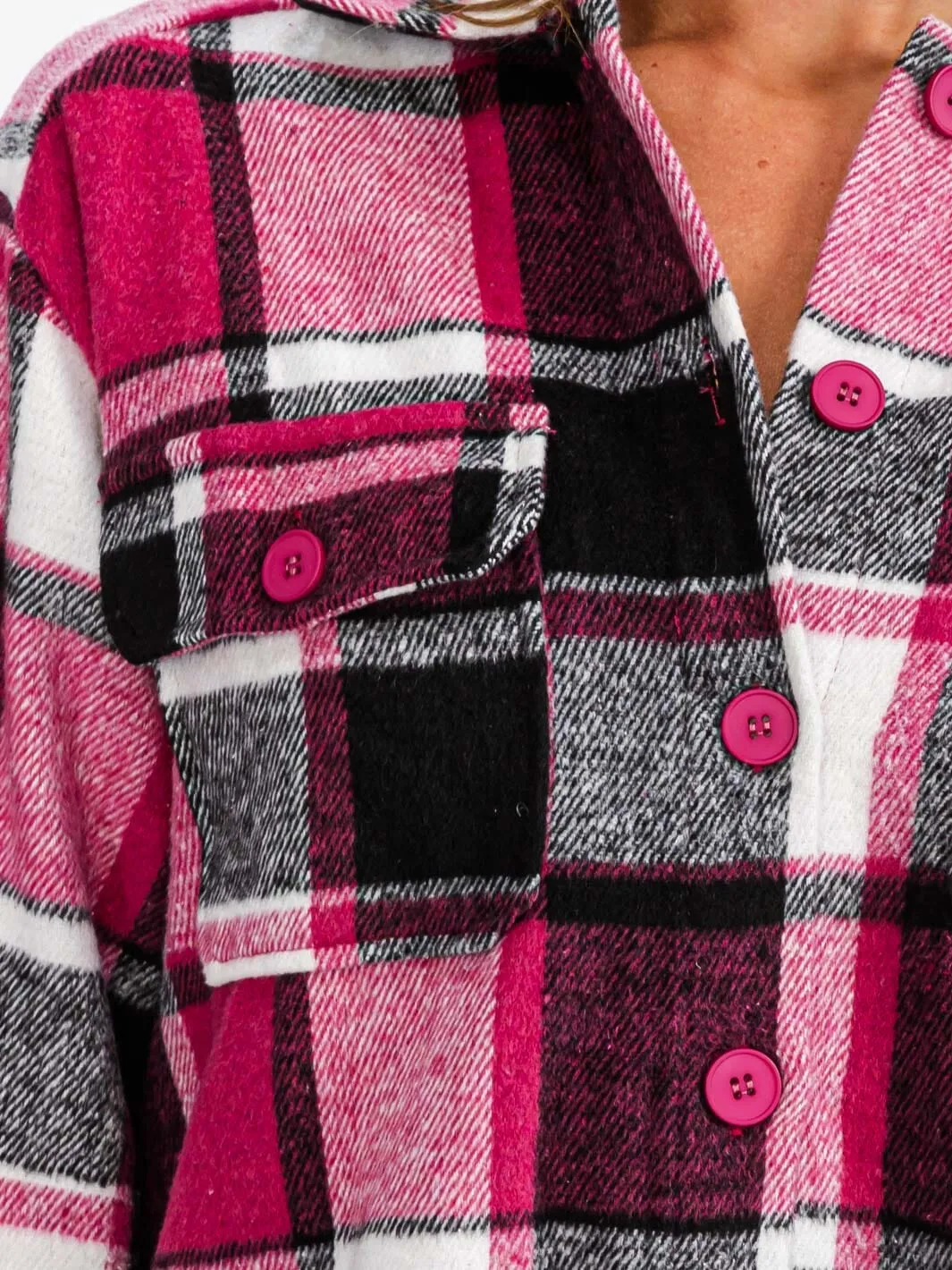 WOMEN'S LONG SLEEVE BUTTON CLOSURE FRONT POCKETS PLAID JACKET