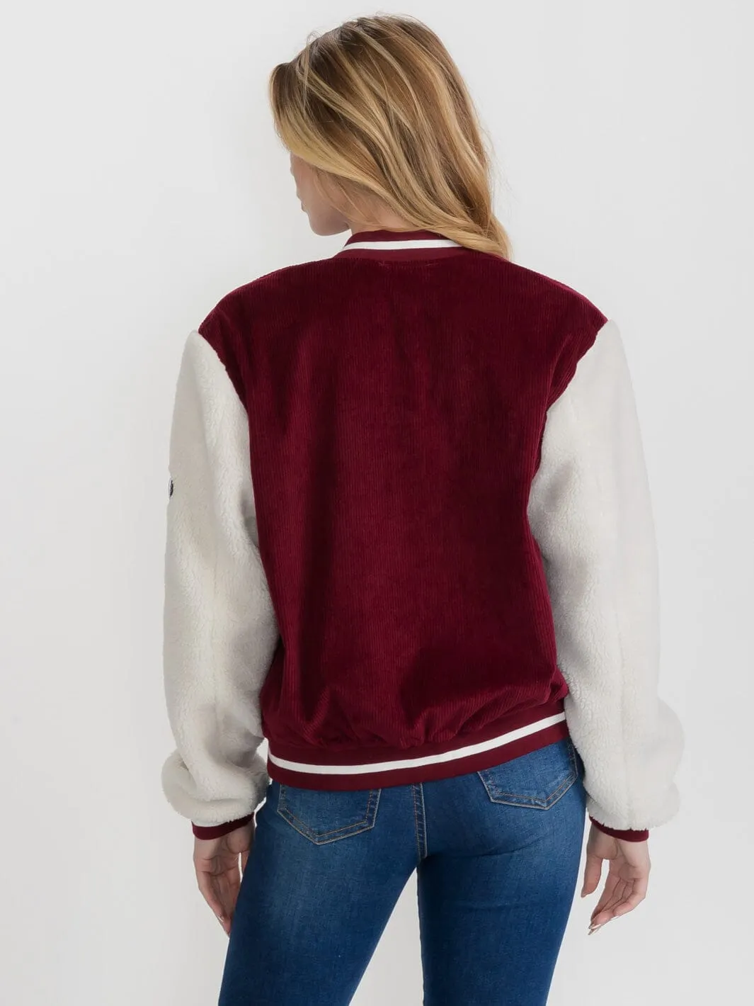 WOMEN'S LONG SLEEVE BUTTON CLOSURE FRONT POCKETS SHERPA COLORBLOCK VARSITY JACKET