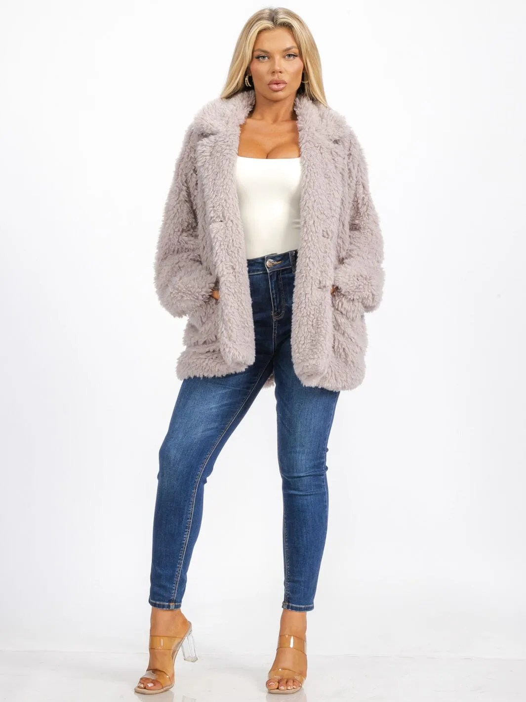 WOMEN'S LONG SLEEVE BUTTON CLOSURE FRONT POCKETS SHERPA JACKET