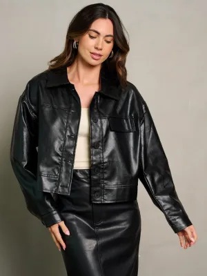 WOMEN'S LONG SLEEVE BUTTON CLOSURE POCKETS PU PLEATHER JACKET