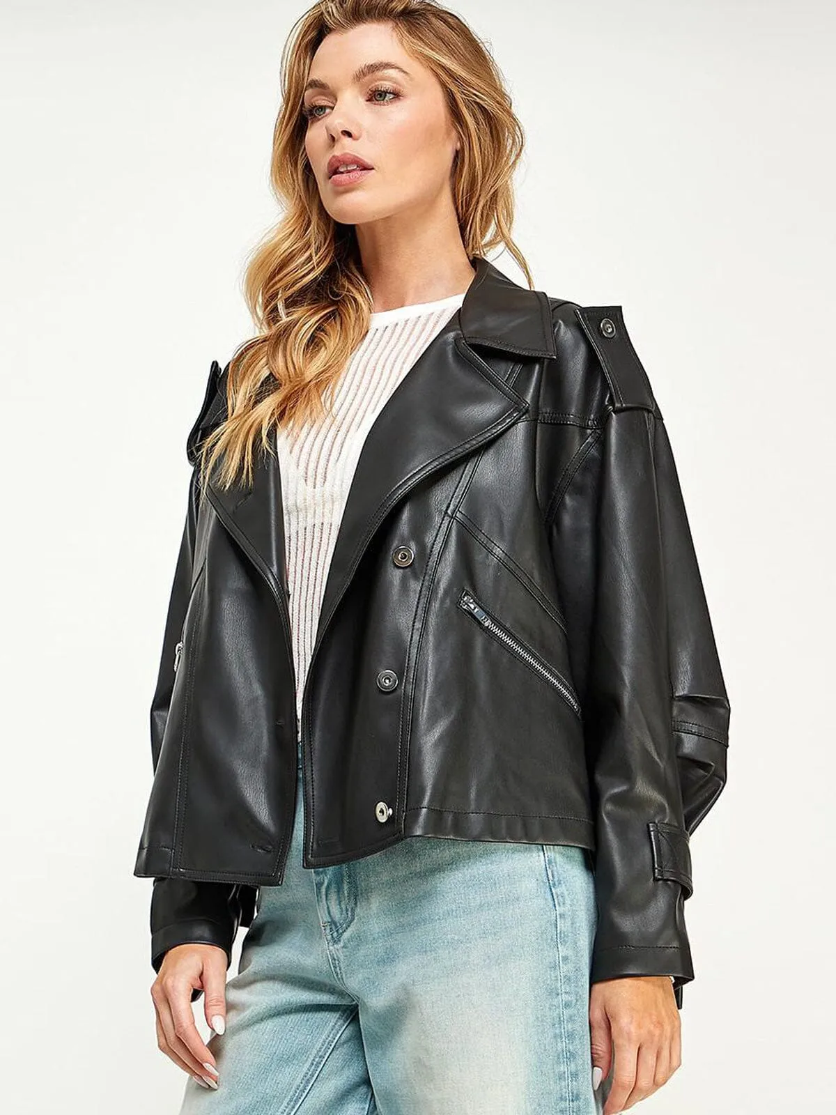 WOMEN'S LONG SLEEVE BUTTON CLOSURE POCKETS PU PLEATHER JACKET