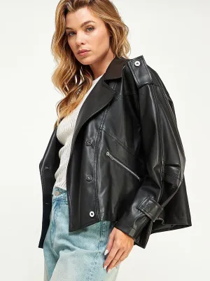 WOMEN'S LONG SLEEVE BUTTON CLOSURE POCKETS PU PLEATHER JACKET