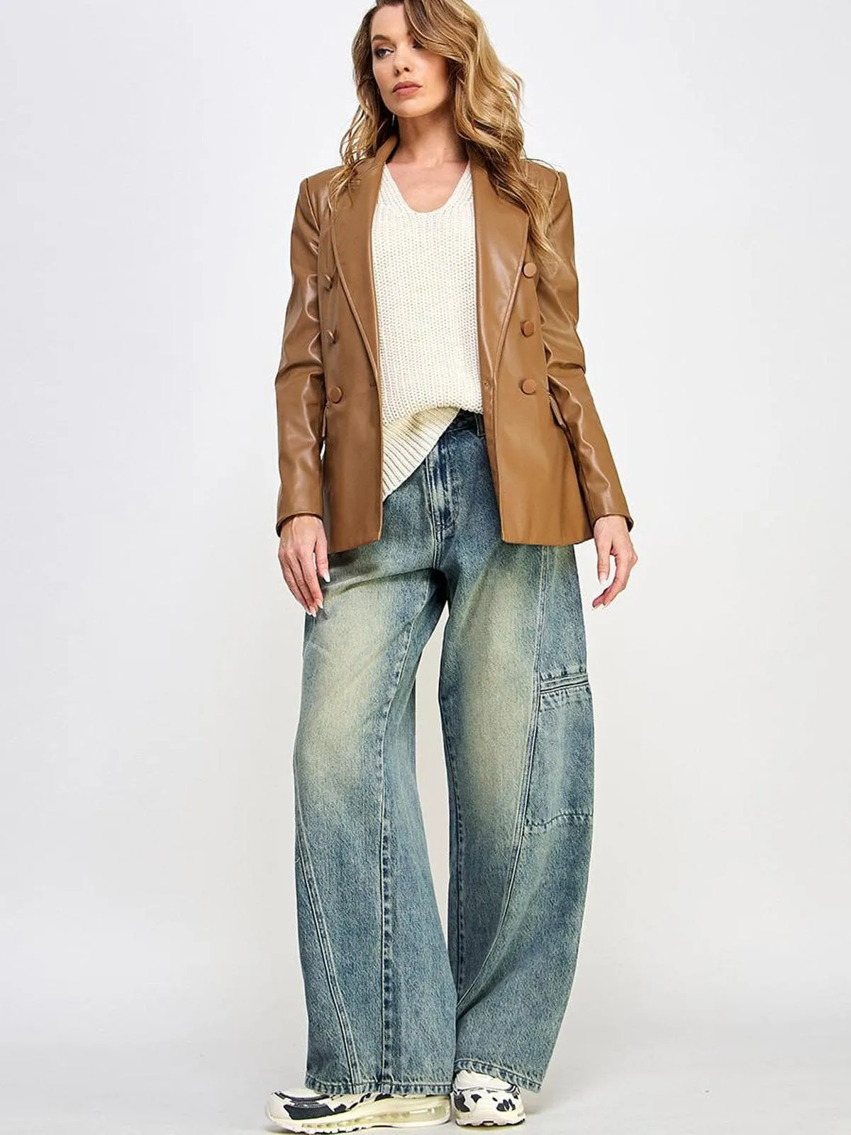 WOMEN'S LONG SLEEVE BUTTON CLOSURE POCKETS PU PLEATHER JACKET