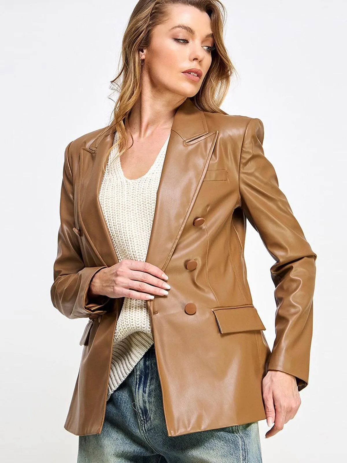 WOMEN'S LONG SLEEVE BUTTON CLOSURE POCKETS PU PLEATHER JACKET