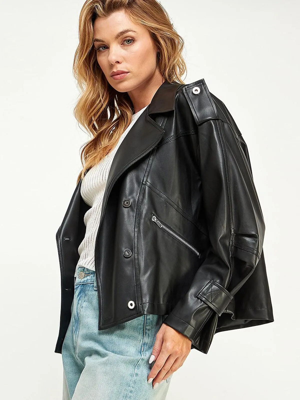WOMEN'S LONG SLEEVE BUTTON CLOSURE POCKETS PU PLEATHER JACKET