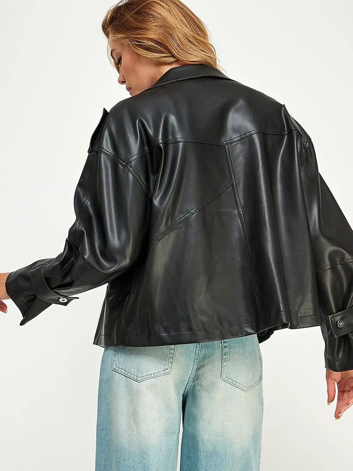 WOMEN'S LONG SLEEVE BUTTON CLOSURE POCKETS PU PLEATHER JACKET