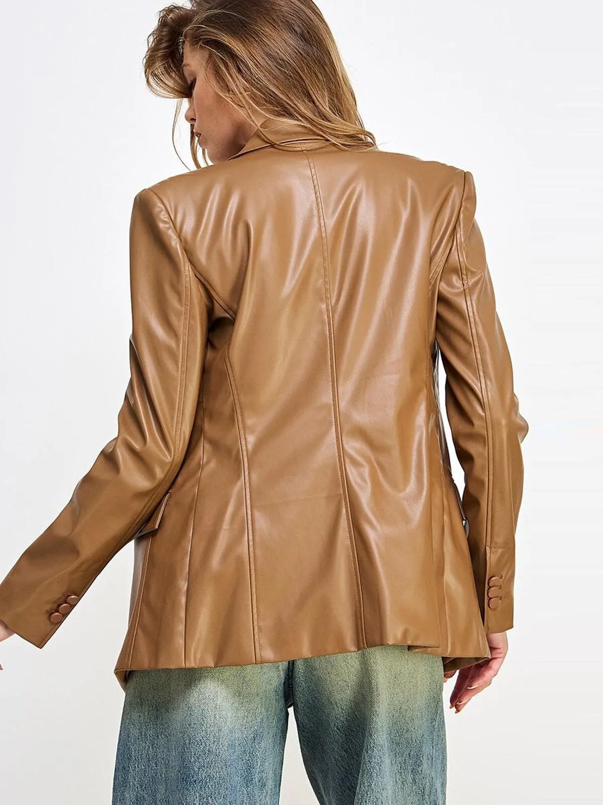 WOMEN'S LONG SLEEVE BUTTON CLOSURE POCKETS PU PLEATHER JACKET