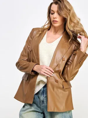WOMEN'S LONG SLEEVE BUTTON CLOSURE POCKETS PU PLEATHER JACKET