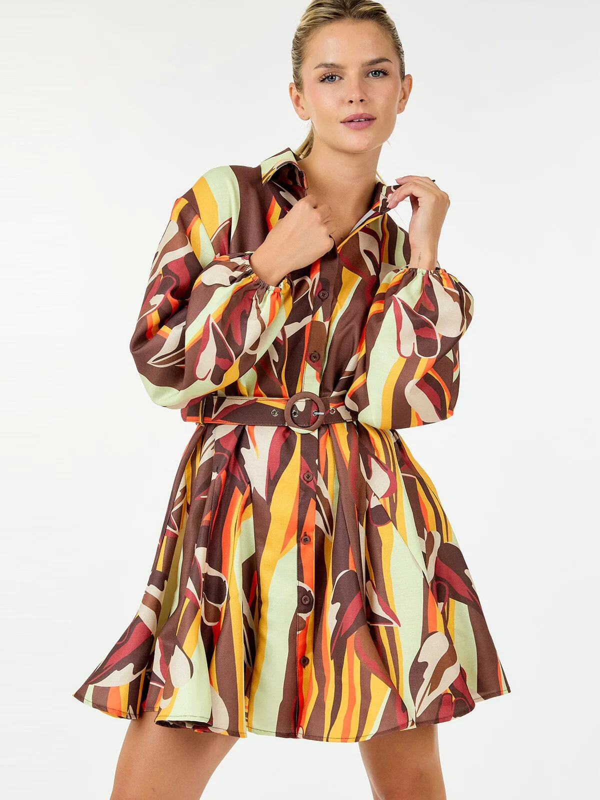 WOMEN'S LONG SLEEVE BUTTON UP BELTED MULTI PRINT MINI DRESS