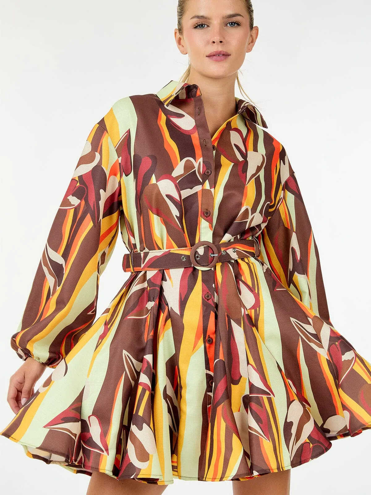 WOMEN'S LONG SLEEVE BUTTON UP BELTED MULTI PRINT MINI DRESS