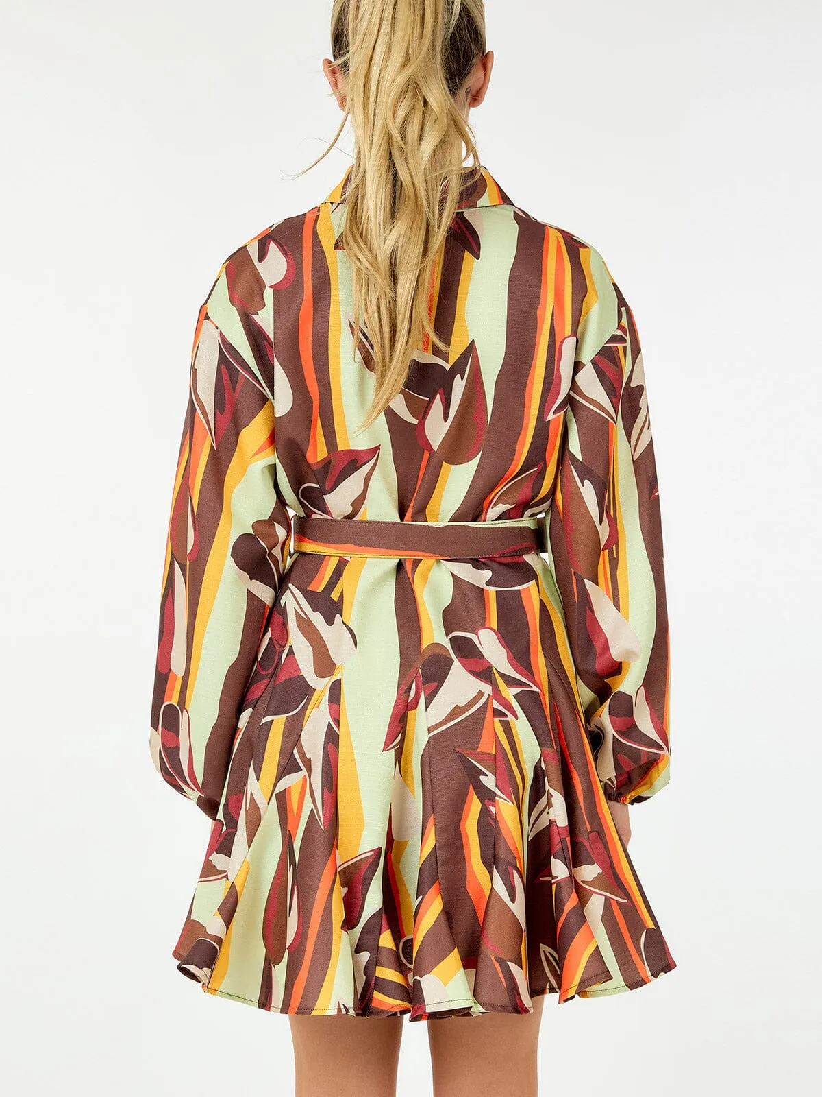 WOMEN'S LONG SLEEVE BUTTON UP BELTED MULTI PRINT MINI DRESS